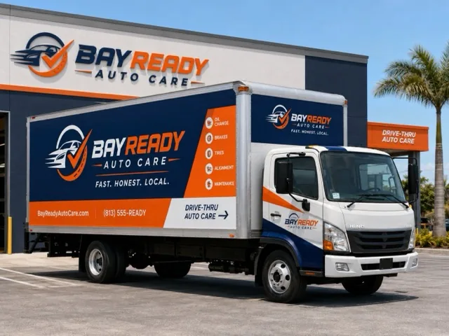 Estudio de marca conceptual — camioneta rotulada de un taller mecánico